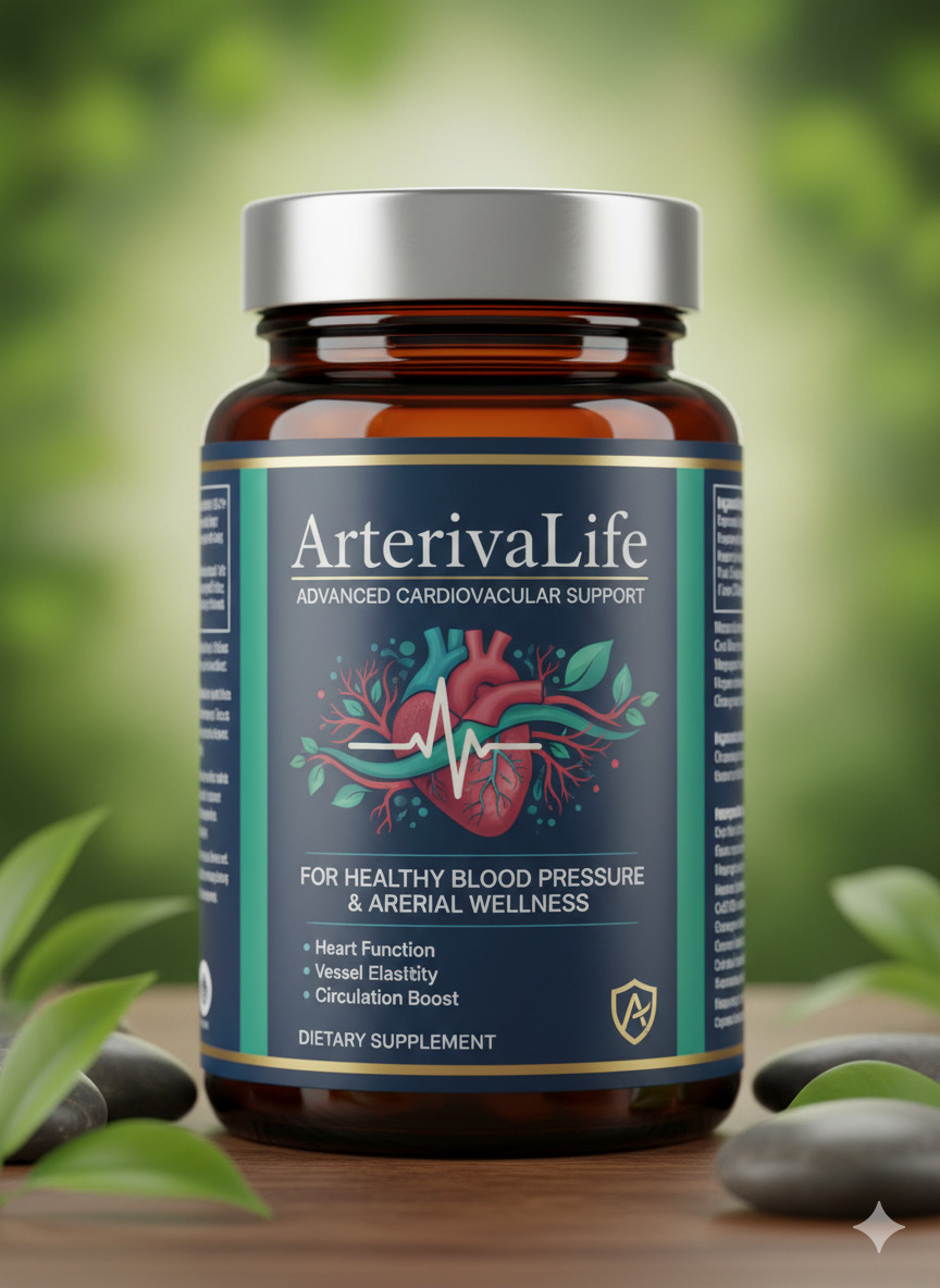 ArterivaLife dietary supplement bottle and capsules on a neutral background